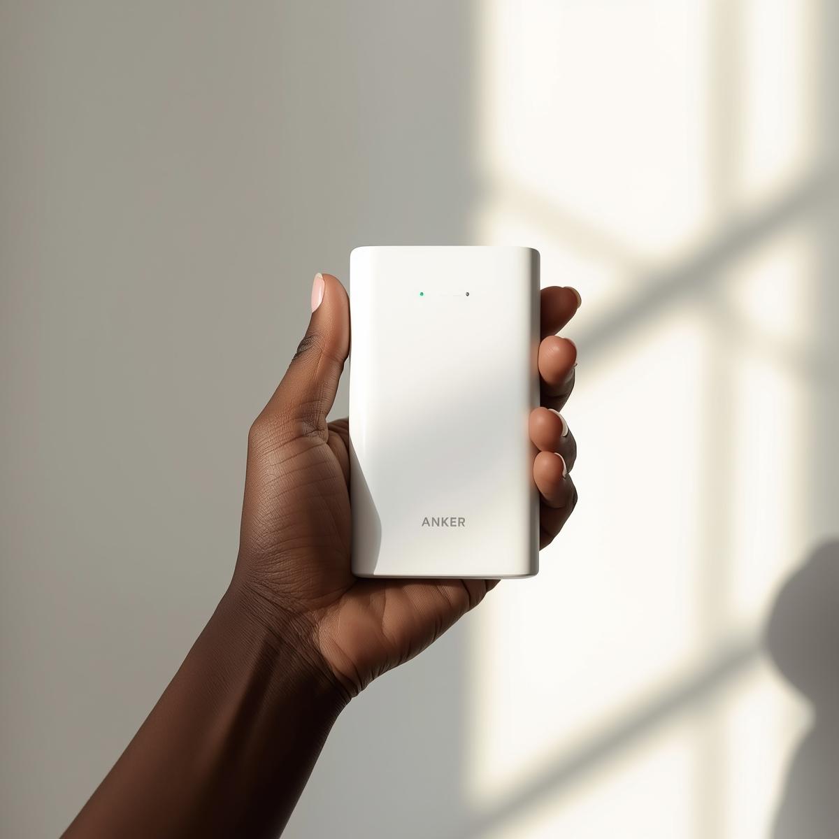 white portable Anker power bank perfect for iphones